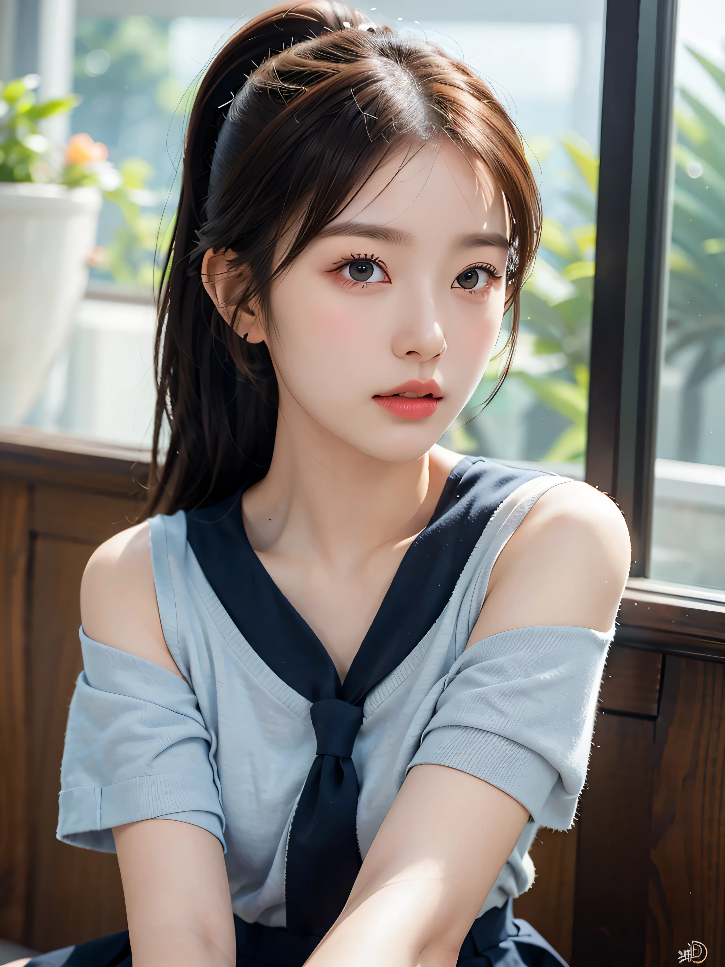 One girl, top quality, lifelike, photorealistic, very elaborate, very delicate and beautiful whole body, [cute, ribbon, school setting: 1.3], brown hair, brown eyes, small head, beautiful eyes, small breasts, bare face, realistic skin, fine eyes, fine face, detailed clothing features (school uniform: 1.3), (shoulder-length ponytail: 1.3)
Dynamic poses, poses that stare at the viewer, detailed face and chest --auto --s2