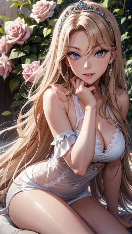 masterpiece、highest quality、High resolution、high quality images、8K, 1 female、skin luster、Texture of skin and clothing、Expression of fine eyes、Shiny latte colored hair,long hair girl, Manga inspired by Lee Jong-suk, trending on deviantart, realism, detailed manga style, manga art style, perfect line drawing, beautiful line drawing, digital manga art girl, K-POPアイドル, dress, beautiful pink eyes, plump lips, detailed gorgeous face, (cute smile), charm, innocent, Side view, (perfectly detailed face), (fine hands) photorealistic images, Depth of written boundary, half up hairstyle, tiara, White wedding dress,at the wedding,association, evening,lots of roses,