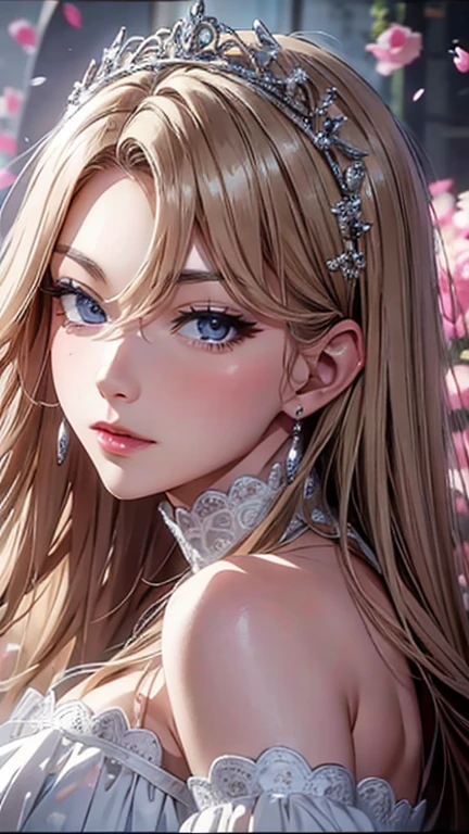 masterpiece、highest quality、High resolution、high quality images、8K, 1 female、skin luster、Texture of skin and clothing、Expression of fine eyes、Shiny latte colored hair,long hair girl, Manga inspired by Lee Jong-suk, trending on deviantart, realism, detailed manga style, manga art style, perfect line drawing, beautiful line drawing, digital manga art girl, K-POPアイドル, dress, beautiful pink eyes, plump lips, detailed gorgeous face, (cute smile), charm, innocent, Side view, (perfectly detailed face), (fine hands) photorealistic images, Depth of written boundary, half up hairstyle, tiara, White wedding dress,at the wedding,association, evening,lots of roses,