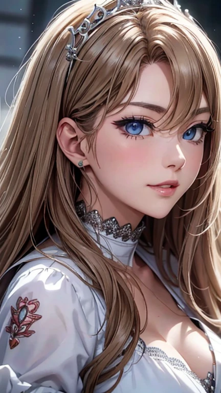 masterpiece、highest quality、High resolution、high quality images、8K, 1 female、skin luster、Texture of skin and clothing、Expression of fine eyes、Shiny latte colored hair,long hair girl, Manga inspired by Lee Jong-suk, trending on deviantart, realism, detailed manga style, manga art style, perfect line drawing, beautiful line drawing, digital manga art girl, K-POPアイドル, dress, beautiful pink eyes, plump lips, detailed gorgeous face, (cute smile), charm, innocent, Side view, (perfectly detailed face), (fine hands) photorealistic images, Depth of written boundary, half up hairstyle, tiara, White wedding dress,at the wedding,association, evening,lots of roses,