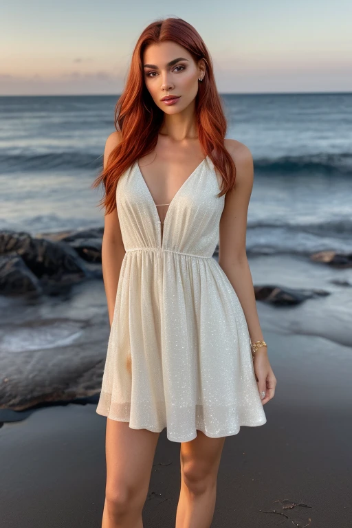 Ambient Night, Starry Sky, The sea is quiet, its ripples visible on the shore, a highly realistic landscape, 8K quality, full-body photo from head to toe, there is a woman standing 1.70 meters tall, slender, Latina, with long, fiery red hair, a refined face, upturned nose, large eyes, full lips, and fine eyebrows. Her dress is a translucent white with golden details. Her makeup is simple yet sophisticated, with slightly shiny champagne-colored cheekbones, eyes with a golden shadow, and long, thick eyebrows. She is standing with a slightly provocative pose, her gaze locked onto the viewer. The setting