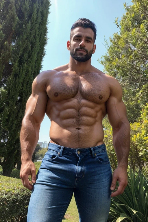 Beautiful  man 30 years old,  muscular body, barba rala, ambiente misterioso com penumbra, mas seu rosto esta iluminado pela fogueira. Jeans