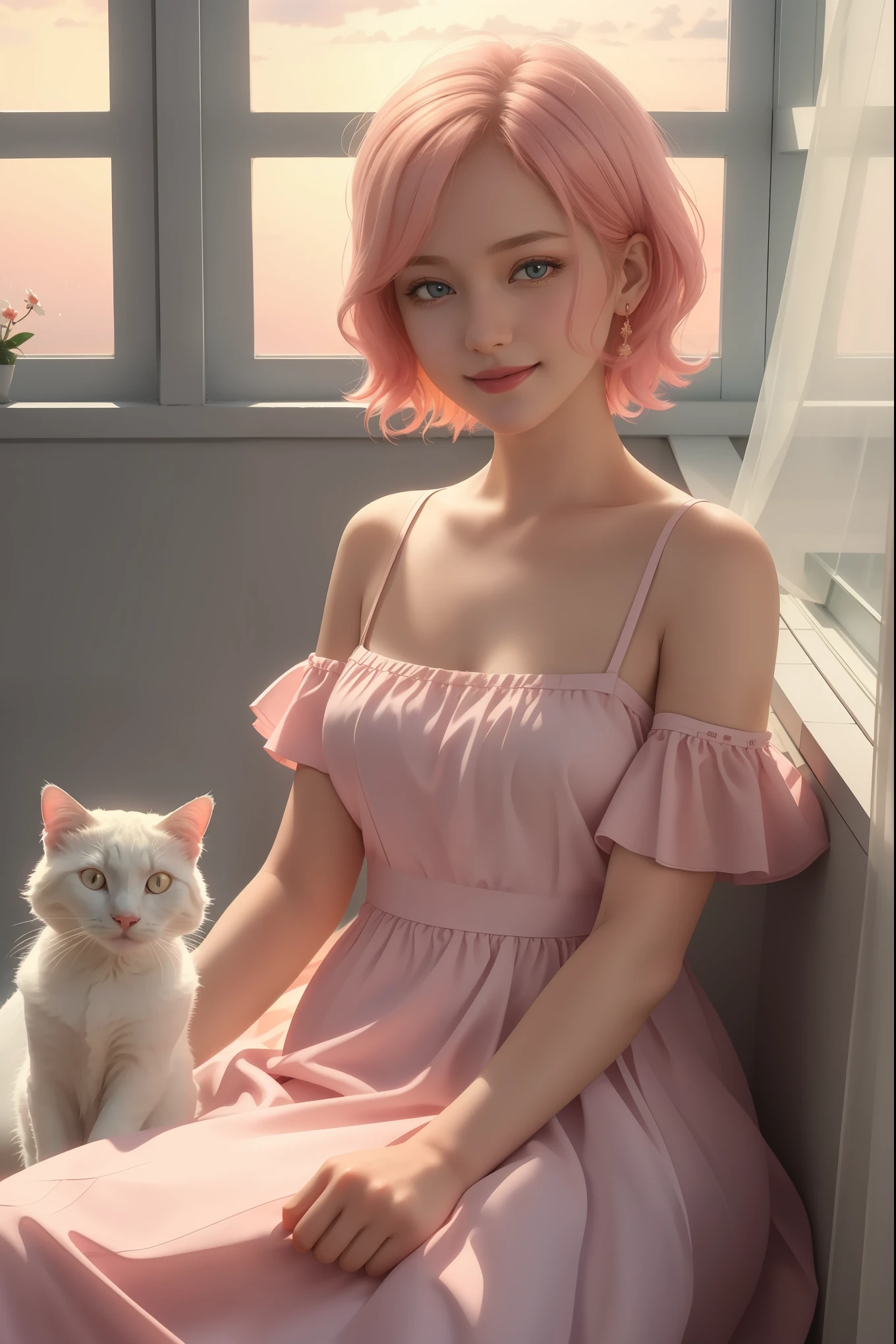 A girl with short hair, gentle eyes, smiling, holding a white cat, cat is white, opened eyes, serene, girl wearing a pink dress, sitting by the window, sunset outside, warm, soft light, (best quality, 4k, 8k, highres, masterpiece:1.2), ultra-detailed, (photorealistic:1.37), studio lighting, vivid colors, portraits, pastel tones, warm lighting