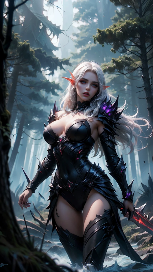 Una imagen Hyperrealista, desde arriba, ((beautiful dark elf warrior, woman, white very long hair, red eyes, pale body, neckline, dynamic view, running into the battle with fury, holding a dark magic sword. black and purple steam aura, black armor with spikes. burning forest at the background, raytraced, viento, paisaje desolador y de batalla, (aesthetics and atmosphere:1.2), poder, enojada, vengativa, ojos brillantes rojos como llamas, medio cuerpo. (foto cruda, mejor calidad), (realista, photo-realista:1.3), Obra maestra, un extremadamente perfecto y hermoso cuerpo tatuado totalmente, cuerpo palido extremadamente detallado, Best quality score, ultra dynamic view, close up, high view, dark atmosphere. white hair
