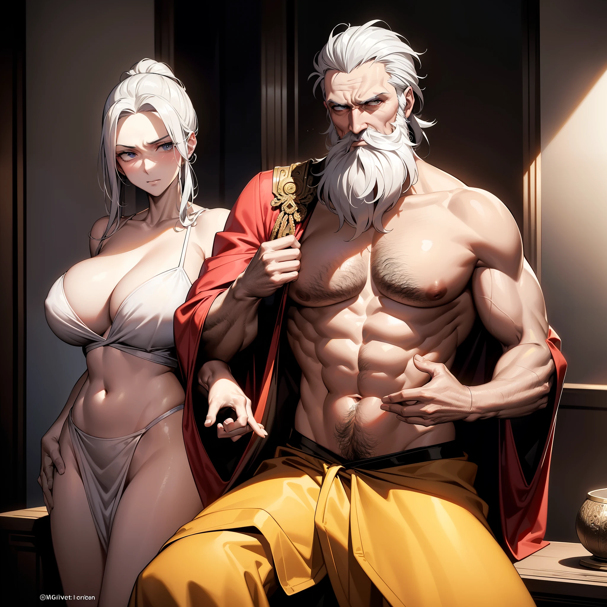 evil emperor( handsome old man, shirtless,age 40,beard  ) holding stomach a beautiful girl (sexy,age 20 ,slim, glow skin, very embarrassed by the person in front of him, covers his breasts with his hands,naked breastes), an ancient china royal ornament,good looking.