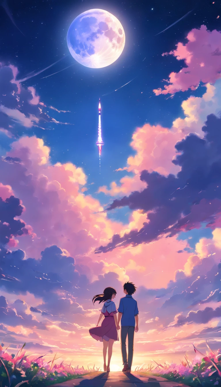 ,1 moon,Romantic couple kissing in the wind,anatomy correct, Delicate pattern,Oriental elements,Ink painting style, Clean colors,Pink rose space, Soft lighting, ( Bokeh),Masterpiece, Super detailed, Epic composition, Highest quality, 8K,