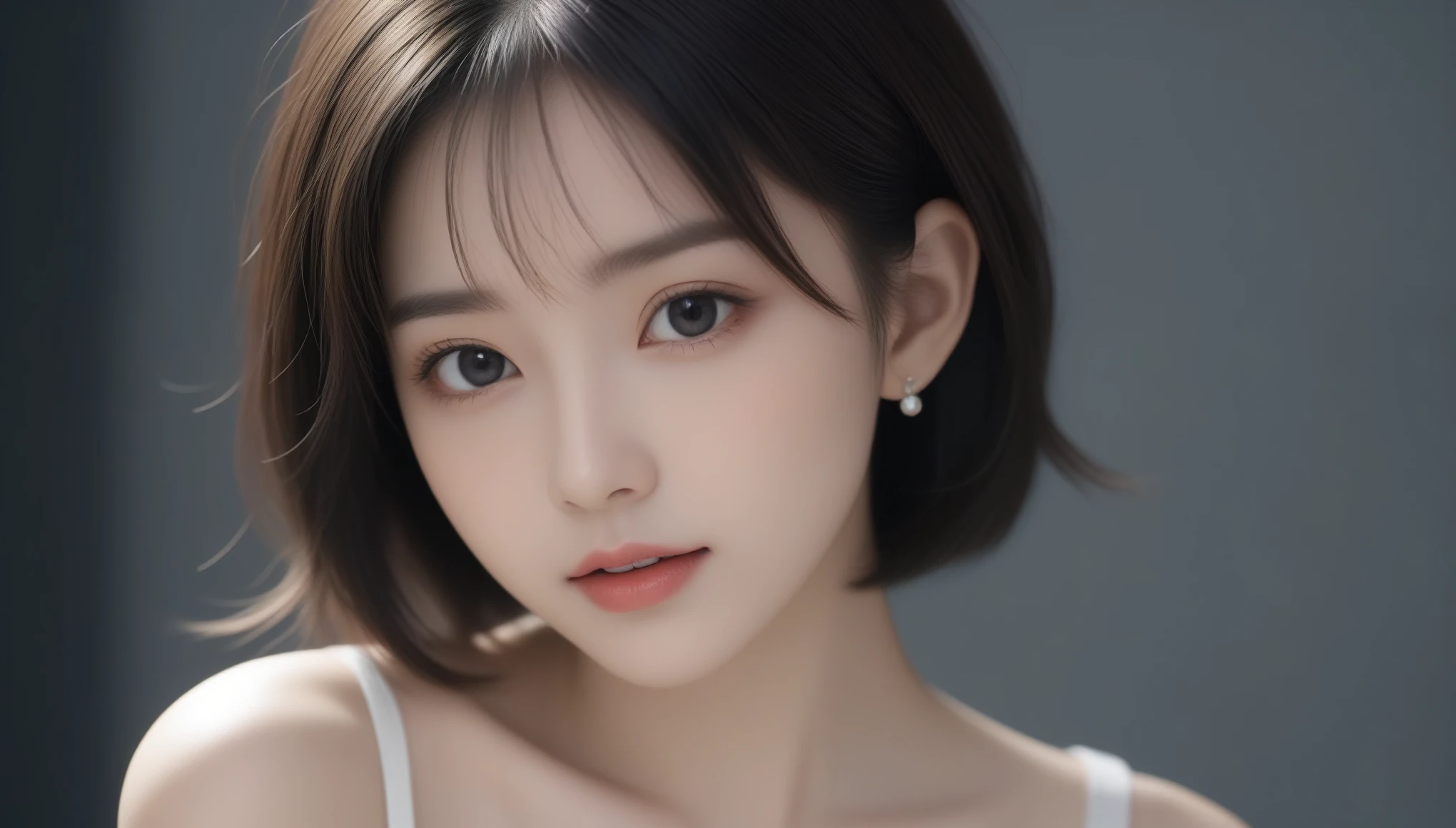 8k, Ultra-high resolution, highest quality, masterpiece, Surreal, photograph, 1 girl, (16 years old:1.3), pretty girl, Cute Face, Beautiful eyes in every detail, 細かくdetailedに,masterpiece,, One Girl:1.2, Japan Female Announcer, One beautiful woman,黒絹のドレスを着てphotographを撮る女性, Fantasy art, Realistic,  ( Formal attire: 1.4), Bob Cut Hair, Bold Pose,Looking at the audience、beauty,Long neck、Laugh a little、Please close your mouth and laugh、(((Ideal body type))),A cup small breasts :2,、Portraiture:2、Perfect Anatomy、鮮明なdetailed、detailed、Surreal、Light and shadow,Strong light,Fashion magazine cover,Thin lips