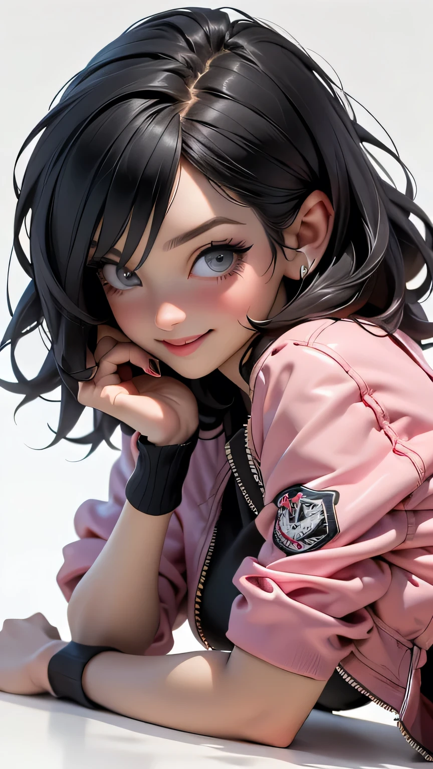 ((Best Quality, best resolution, award-winning portrait, official art)), ((perfect Masterpiece)), ((Realistic)) and ultra-detailed photography of a 1nerdy woman, 25 year old, with goth and post apocalyptic colors. She has ((long whispy long Black-colored hair)), wears a (Pink Bomber Jacket with a white Tshirt and a Black Crop top) and a (Harajuku-inspired shorts:1.2) , ((the most beautiful and sexy aesthetic)),drinking a can of soda and holding a bag of chips, Show the whole body, Leaning back, Head tilt, winking, laughting, white background, Smiling. Knee high socks,  Dynamic pose Full Body, laying down, smirk