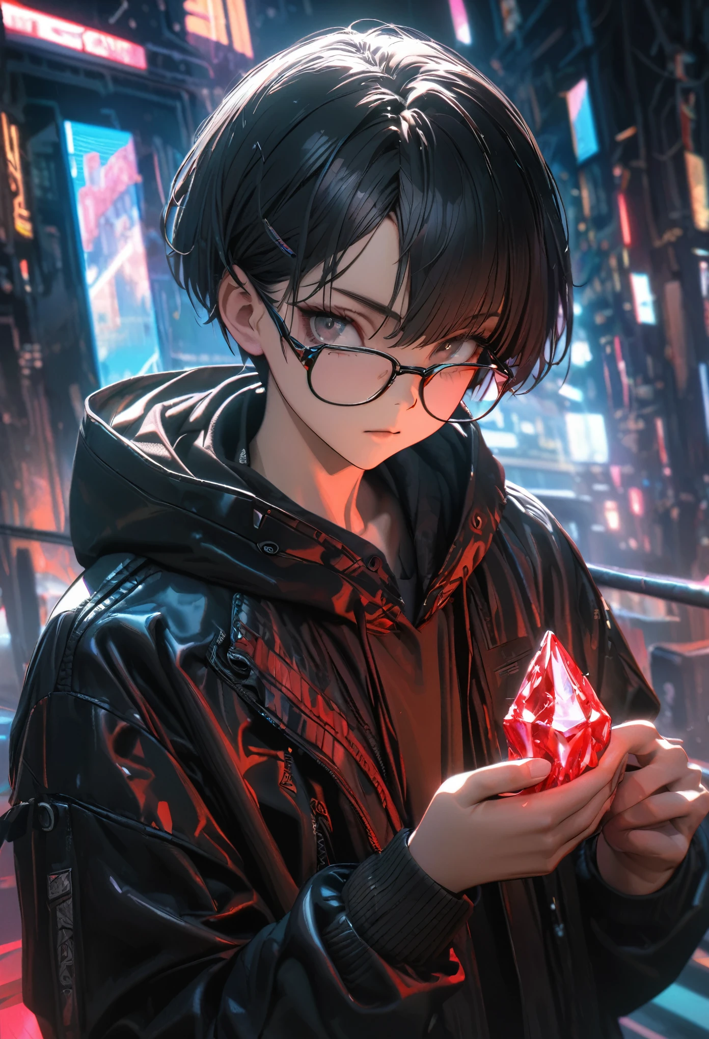 Angelic, ultra detailed, 8k, masterpiece, 1 boy, boyish, short hair, wearing glasses, black hair, black jacket, hoodie, holding hand gun, red crystals, clear crystal, cyberpunk, natural