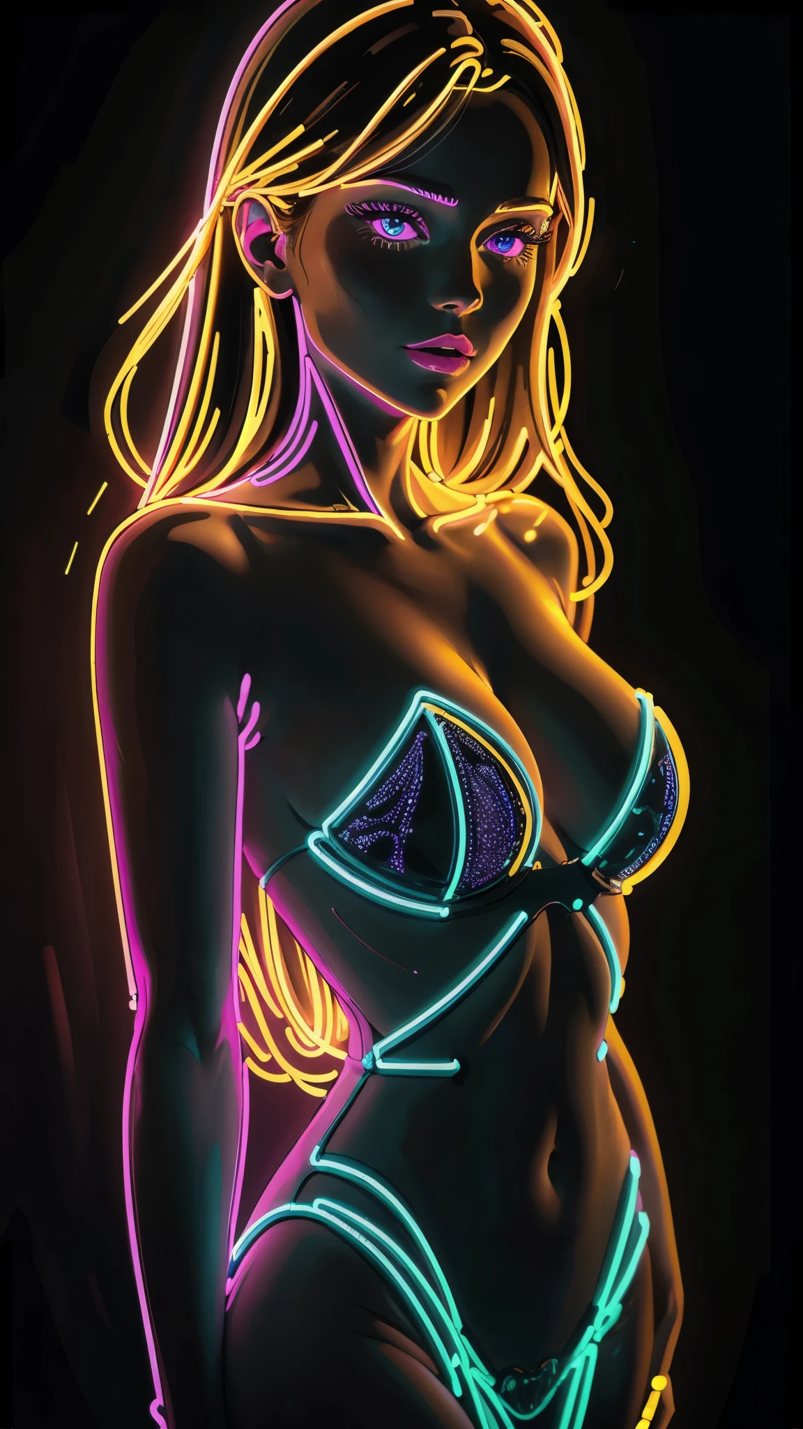 neon_outlines, close up, classy woman in a long evening dress, upscale gala event