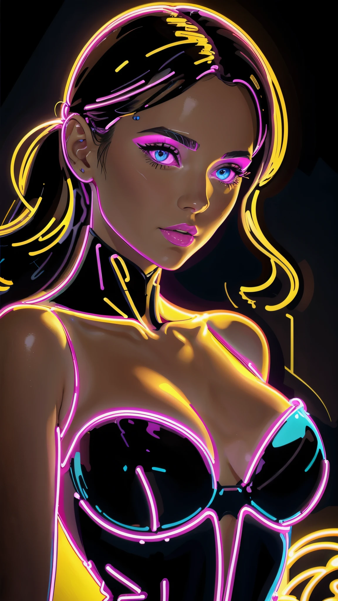 neon_outlines, close up, classy woman in a long evening dress, upscale gala event  