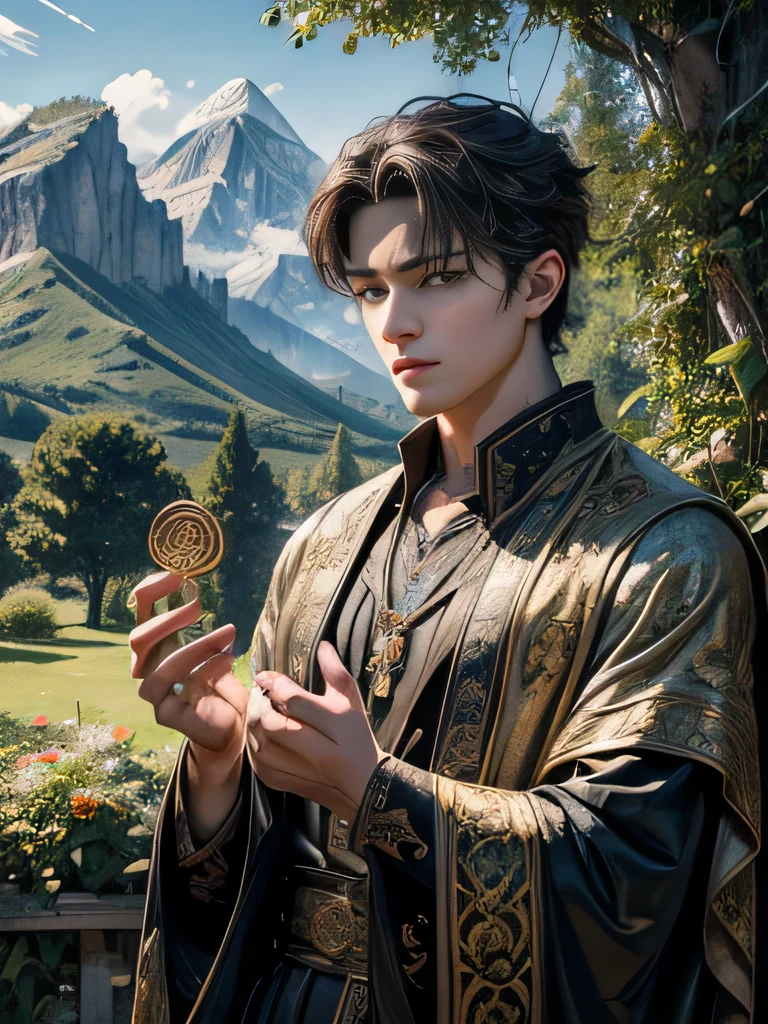 (Absurd, High resolution, Very detailed, High resolution), masterpiece, Intricate details,Handsome teenage boy with anime eyes, A symbolic pentacle,Holding a pentacle in hand,Beautiful garden,Rugged Mountain々Distant view of,顔のIntricate details, Characters with attention to detail,Face looking towards you,Dress like a Greek,mysterious