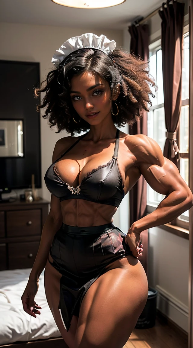 (Muscular:2), (thick muscular thighs, wide hips:2), (black female:1.5), (frizzy black hair, afro:1.5), adult, long hair, (wearing glasses), earings, eyeshadow, lipstick, bokeh, (eight pack abs:0.6), (freckles:0.9), (upper body view), (striations), (hard nipples:1.1), small breasts, (perky breasts:1.4), (sexy maid outfit, cleavage, skirt:1.7), (sculped muscles:1.4), detailed eyes, (athletic body:1.5), (muscular body:2), (looking at viewer), (seductive smile:1.2), dark bedroom, (dawn lighting), rim lighting, two tone lighting, dimly lit, clean skin, low key (DETAILED SKIN)