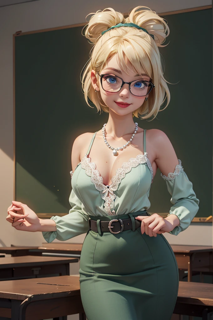 wide shot, ((best quality)), ((highly detailed)), masterpiece, (detailed eyes, deep eyes), (1girl), dynamic angle, cowboy shot, tinkerbell, woman, smile, ((short blonde hair)bun ), ((blue eyes)),firm breasts, realistic proportions, curvy body, lipstick, curvy hips, subtly visible breasts, day lighting, ((petite body)), dark green wool pencil skirt, belt, light green blouse with elbow length sleeves and a square neckline, think rimmed glasses, heels, pearl necklace, hand holding button on blouse, lace bra, classroom background
