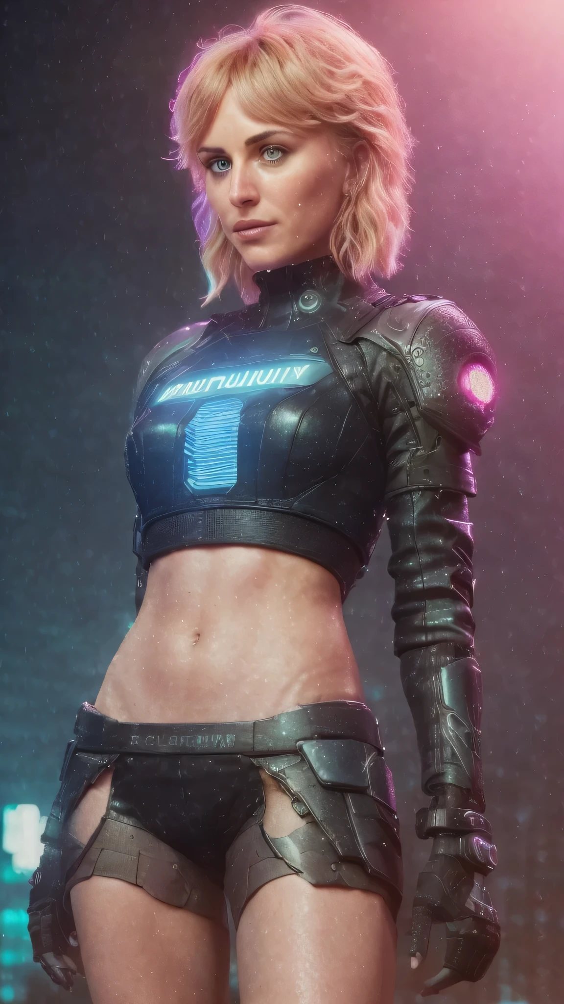 (8k, ARTISTIC photography, best quality, masterpiece: 1.2), RAW photo, a (potrait:1.2) of a woman ,Cyberpunk balcony wearing white cropped bomber jacket (((Dakota Fanning))) (highly detailed skin:1.2), 8k uhd, dslr, soft lighting, high quality, film grain, Fujifilm XT3, staring at the camera in front, wild Black hair, ((dynamic pose))) over-detailed face, beautiful body, toned body, heavy metal amour, spikes, 8k uhd,  SLR camera, soft lighting, high quality, film grain, Arri Alexa mini , Cinematic lighting, octane render, cinematic lighting, complex, 8k resolution concept art portrait , edgerunner, blade runner, Cyberpunk 2077, hyperrealistic, photo awesome, gritty, realistic, (((pure 8K))), (((perfect anatomy))), extremely high-quality graphics, Riddley Scott, Blade Runner, Denis Villeneuve, (((cinematic lighting))), ((clear details)), complex, highly detailed background,