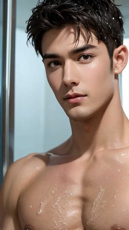 Close up Attractive Young Bare Muscular Man after Taking Shower