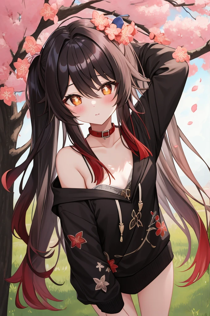 HuTaoV4,1girl,solo,long hair, off shoulder, collar bone, look at viewer, perfect fingers, armpit peek, Beautiful flowers bloom, (sparkles), (There is a blooming sakura)，standing under a tree, (head looking up), Look at the tree, Natural soft light, macaron, Still ethereal, Crisp and smooth lines, radiant morning light, soft luminescent glow, hoodie, jacket