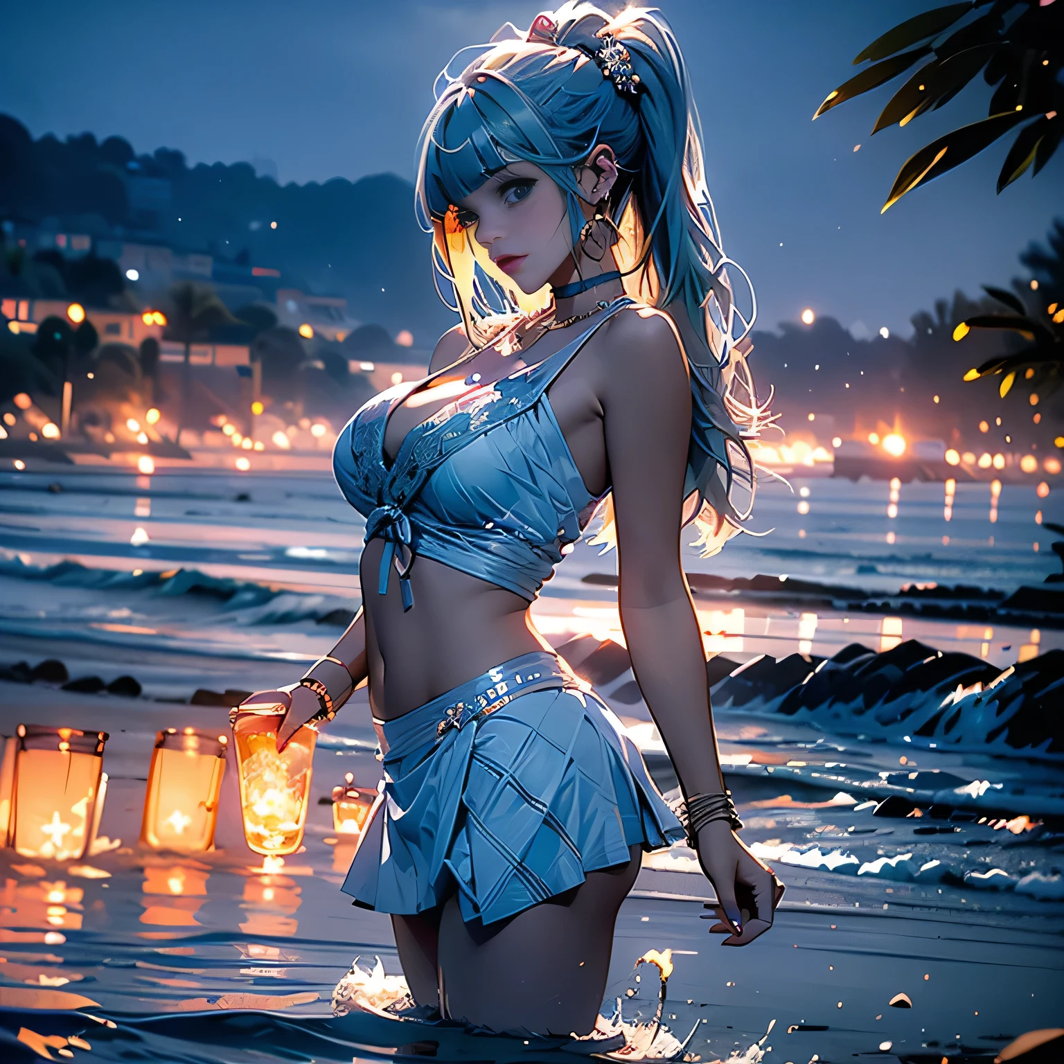 masterpiece, exquisite, {beautiful and meticulous girl}, beautiful and detailed halo, (fire of war: 1.2), (fire explosion behind: 1.3), rain, detailed lighting, detail water, (beautiful and detailed eyes: 1.1), glitter_force, palace, sky blue hair, scattered hair, long bangs, eyebrows, (Open Stitch Ring Linked Halter Neck Backless Swimsuit: 1.1), black ribbon, white bow tie, upper abdomen, big forehead, flower, sitting in the water, leaning back