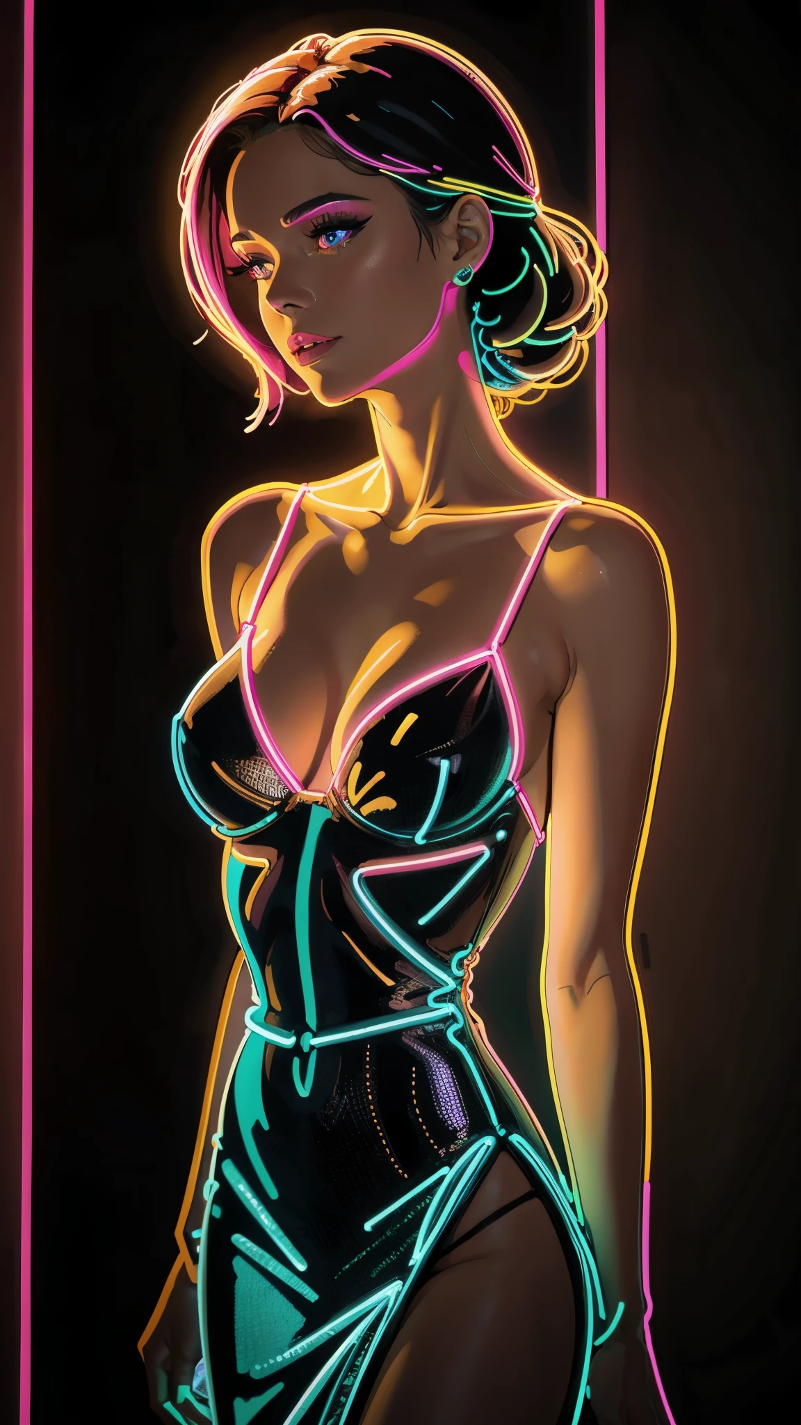 neon_outlines, close up, classy woman in a long evening dress, upscale gala event  