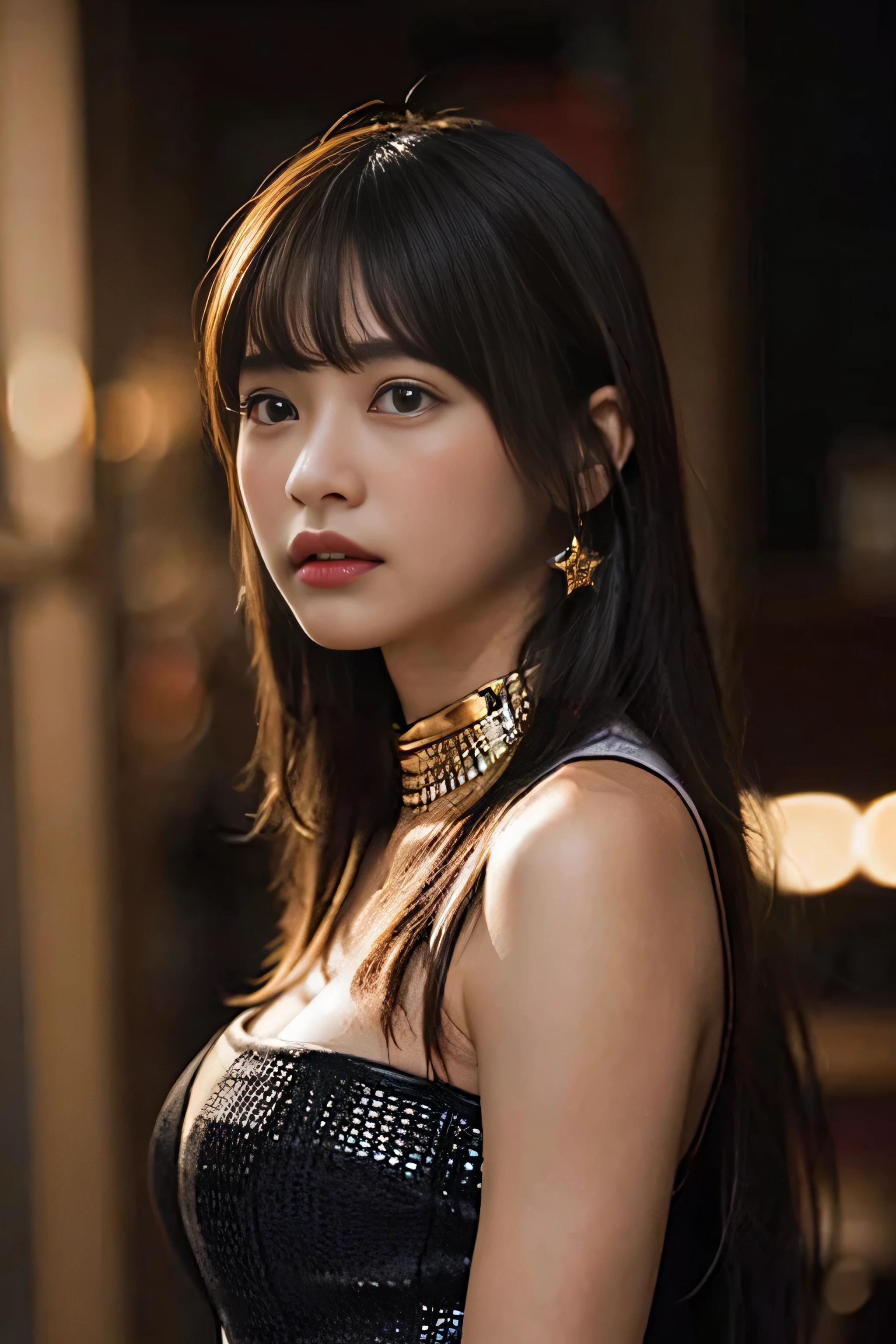 (8k、RAW Photos、Top class star piece:1.2)、(Genuine、Photo genuine:1.37)、Ultra high definition、Ultra-high resolution、girl、1 person、From the waist up、Upper Body、Gazing Eyes、Beautiful face even in the contours、thin、(thin black waist):1.3)、Fine and beautiful skin、Skin Texture、Fluttering Hair、Professional Lighting、human body、Big Breasts、Plain dark background、Expressionless、Are crying、Scary atmosphere、religion、Red eyes、Red color contact lenses、Creepy、Ancient Egyptian clothing、Ancient Egyptian hairstyles、Ancient Egyptian Accessories