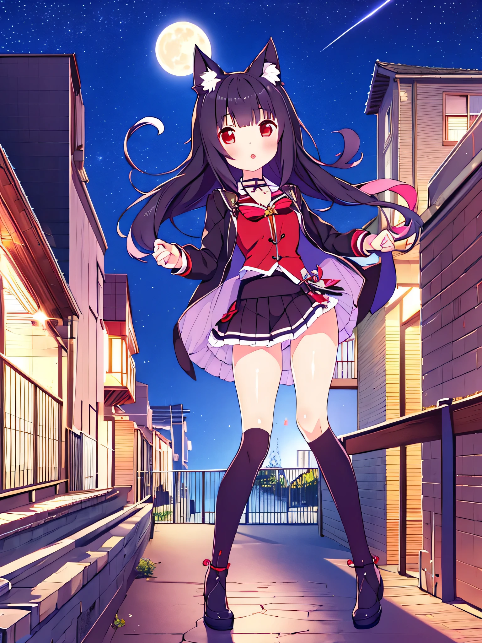 1 girl black  hair red eyes mahou Shoujo short skirt  on top of a building in starry sky with full moon cola de gato nekomimi gran caildad de detalle