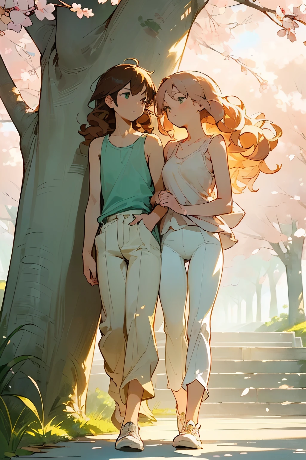 A soft, pastel-colored illustration of two anime characters walking hand in hand under a canopy of cherry blossom trees. The characters are dressed in comfortable, casual clothing and are walking in a gentle, relaxed pace. The trees surrounding them are in full bloom, with delicate pink petals gently falling from the branches. The background is a soft, gradient blue, with subtle clouds and a hint of sunlight filtering through the trees.
Color Palette:
Soft pink (#E6DAC3)
Pale peach (#FFD7BE)
Cream (#FFF599)
Light blue (#87CEEB)
Soft green (#8BC34A)
Character Descriptions:
The young woman (20s) has long, curly brown hair and bright green eyes. She's dressed in a comfortable white tank top and light beige pants, with a pair of worn-out sneakers on her feet.
The young man (20s) has short, messy brown hair and warm brown eyes. He's dressed in a simple white shirt with rolled-up sleeves and light beige pants, with a pair of worn-out sneakers on his feet.
Atmosphere:
The atmosphere is quiet and intimate, with the soft colors and gentle sounds of the blossoms creating a sense of tranquility. The air is filled with the sweet scent of cherry blossoms, and the sound of birds chirping in the background adds to the peaceful ambiance.
Story:
The image captures the moment when the characters are on the verge of crossing the line from friendship to something more. They're holding hands, but their faces are turned away from each other, conveying a sense of uncertainty and shyness. The blossoming trees around them symbolize the fragility and beauty of their emerging feelings.
Lighting:
The lighting is soft and warm, with the sun casting gentle shadows across the characters' faces. The blossoms are illuminated by soft, diffused light, creating a sense of depth and dimension.
Mood:
The mood is romantic, gentle, and introspective. The image invites the viewer to step into the quiet intimacy of the scene and experience the tender emotions unfolding between the characters.