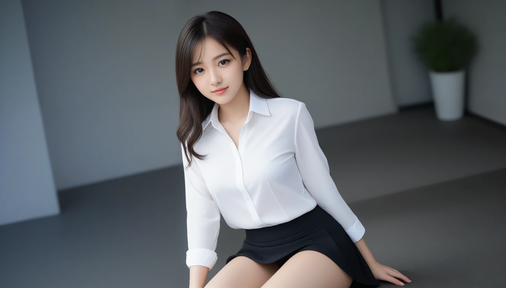 8k, Ultra-high resolution, highest quality, masterpiece, Surreal, photograph, 1 girl, (:1.3), pretty girl, Cute Face, Beautiful eyes in every detail, 細かくdetailedに,masterpiece,, One Girl:1.2, Japan Female Announcer, One beautiful woman,A woman in a white shirt and black skirt is sitting on a ledge、Unbuttoned clothing、library、Shortcuts,Black Hair,Bold Pose,Looking at the audience、beauty,Long neck、Laugh a little、Please close your mouth and laugh、(((Ideal body type))),A cup small breasts :2,、Portraiture:2、Perfect Anatomy、鮮明なdetailed、detailed、Surreal、Light and shadow,Strong light,Fashion magazine cover,Thin lips