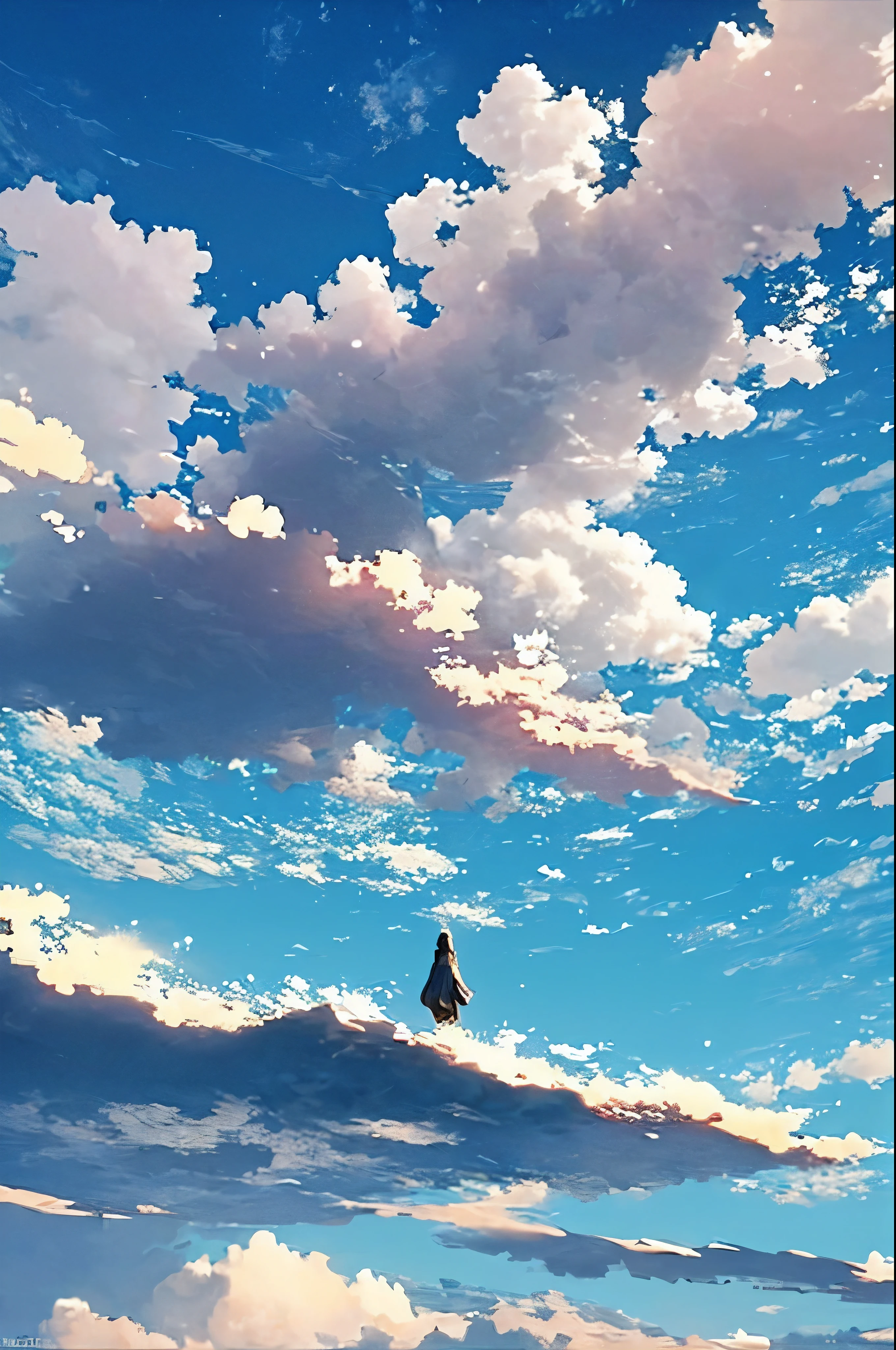 A single figure floats serenely in a vast, vivid blue sky filled with enormous, highly detailed cumulus clouds. The scene captures an ethereal moment, with the individual seemingly suspended in mid-air, surrounded by layers of fluffy white and blue clouds that create a sense of depth and movement. Sunlight filters through the clouds, casting gentle shadows and illuminating the various shades of blue and white, adding a dreamlike quality to the image. The overall atmosphere conveys a sense of tranquility, freedom, and wonder, as if the person is drifting through a boundless, heavenly expanse.