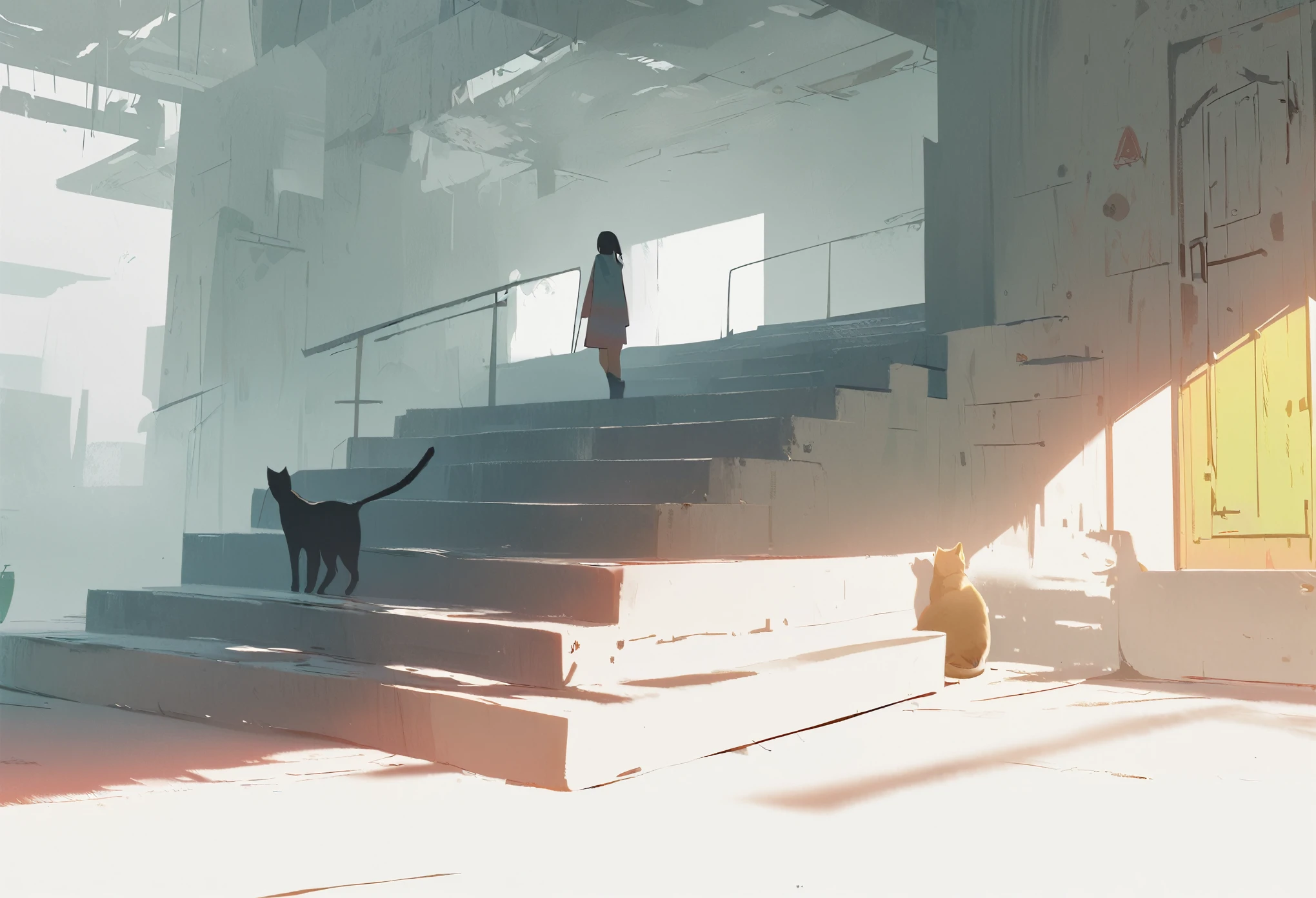 1 girl, 1 cat, minimalist journey, side view, staircase, natural lighting, cinematic composition, vibrant colors, muted tones, dramatic shadows, soft focus, digital art, concept art, fantasy,