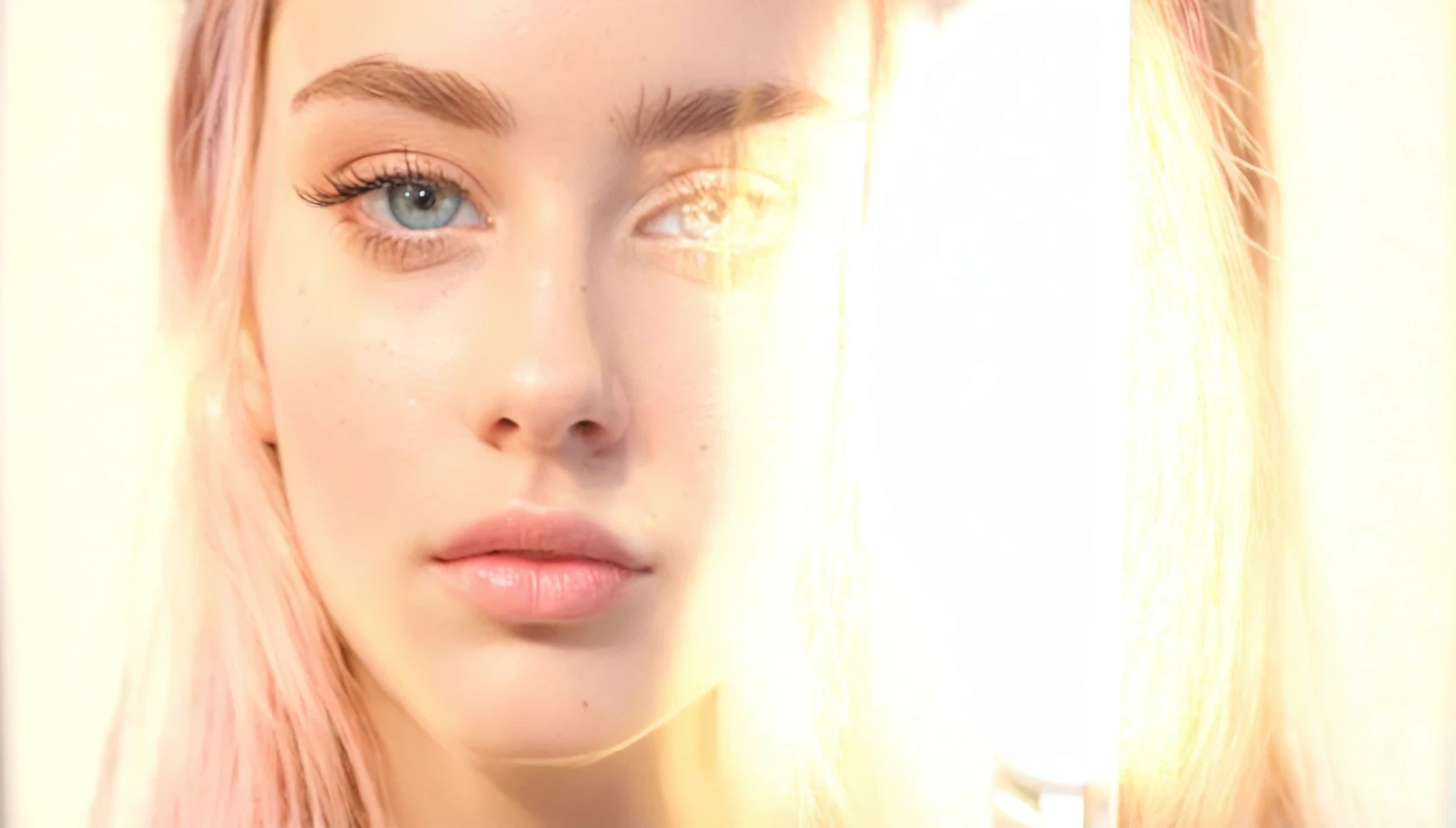 25 year old Caucasian woman with light blue almond eyes, cejas gruesas y bien delineadas, oval face with high cheekbones and fine freckles on the small nose, cabello largo y voluminoso de color rosa pastel, labios gruesos y bien definidos, long, bushy eyelashes. The woman is in front of a large mirror, completely naked in an explicit and provocative pose. He is standing with one leg raised and resting on a stool, spreading her vaginal lips with one hand while looking at herself in the mirror with an expression of lust. The lighting is soft and warm, resaltando la textura de su piel y los detalles de su postura. The photo was taken with a Sonyalfa77 professional DSLR camera, ensuring a faithful and explicit representation of the scenario.