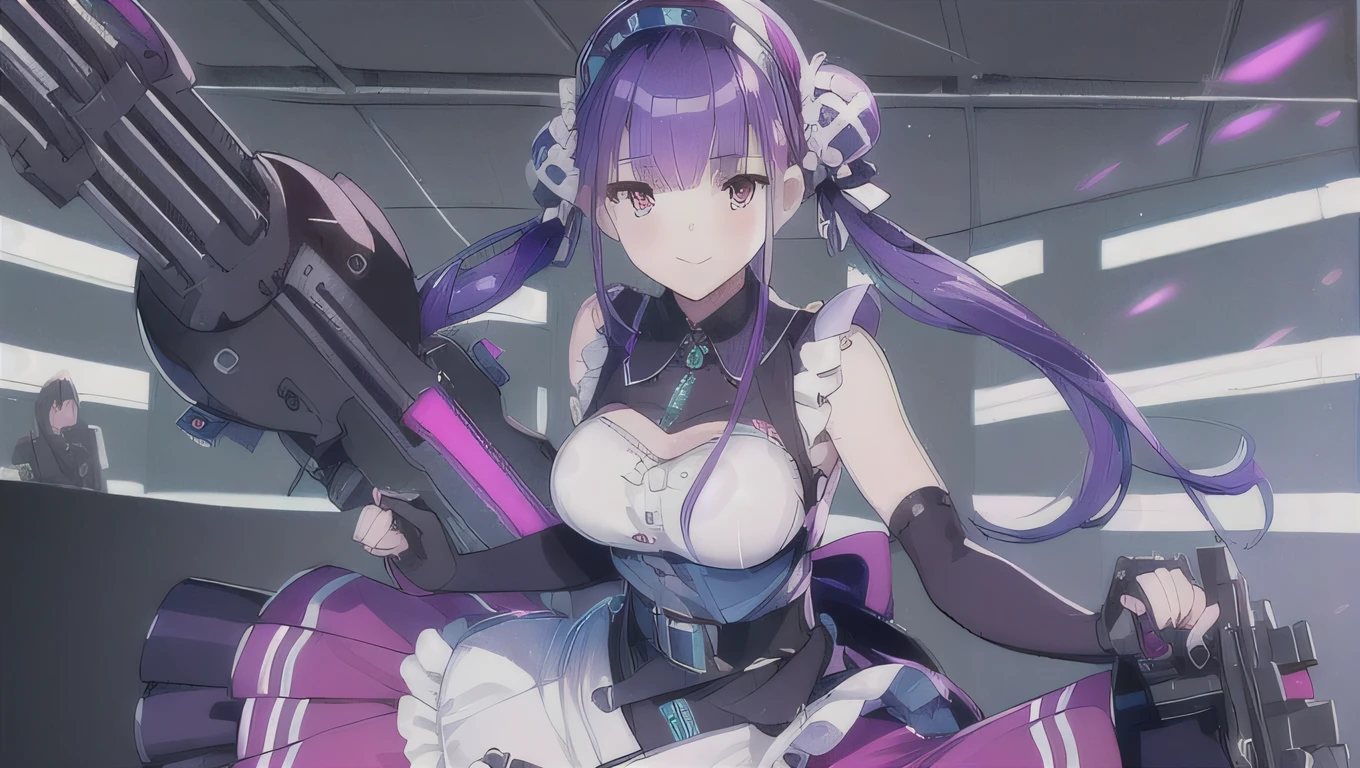 ((highest quality)), ((masterpiece)), (Very detailed:1.3) beautiful hyper waifu in cyberpunk bodysuit firing gatling gun,gun,anime,smile、Arms shop、 1 girl、solo、Long Hair、Twin tails、Red eyes、Open your mouth、Purple Hair、arms、hair band、skirt、belt、gloves、apron 、whole body、