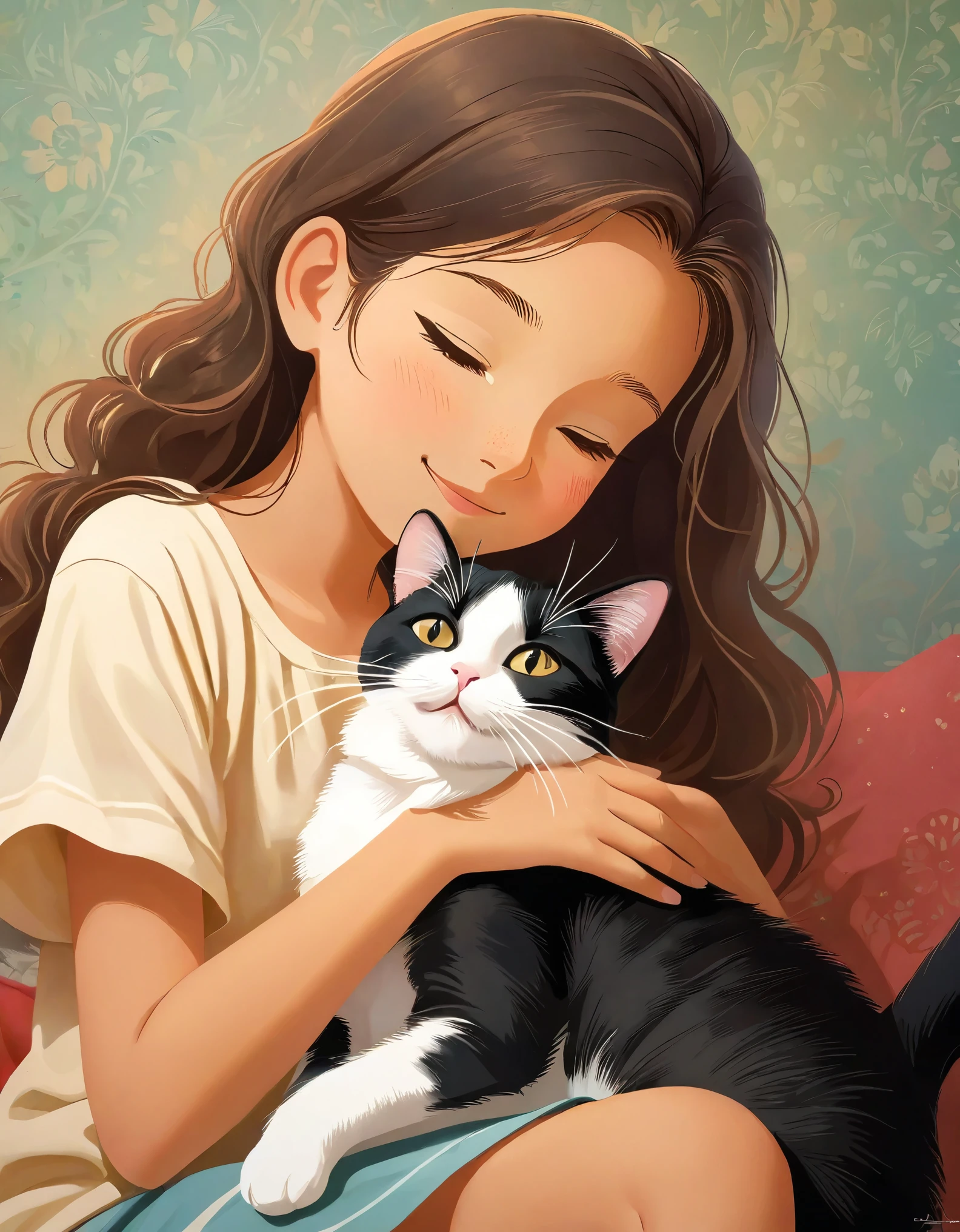  capturing the endearing bond between a girl and her cat, their companionship evident in the shared moments of affection and playfulness. The image conveys a sense of warmth and comfort, as the girl and the cat interact in a way that reflects their deep connection and mutual understanding. Through subtle gestures and expressions, the photograph portrays the joy and contentment found in the simple yet profound relationship between the girl and her feline companion, inviting viewers to appreciate the beauty of unconditional love and friendship