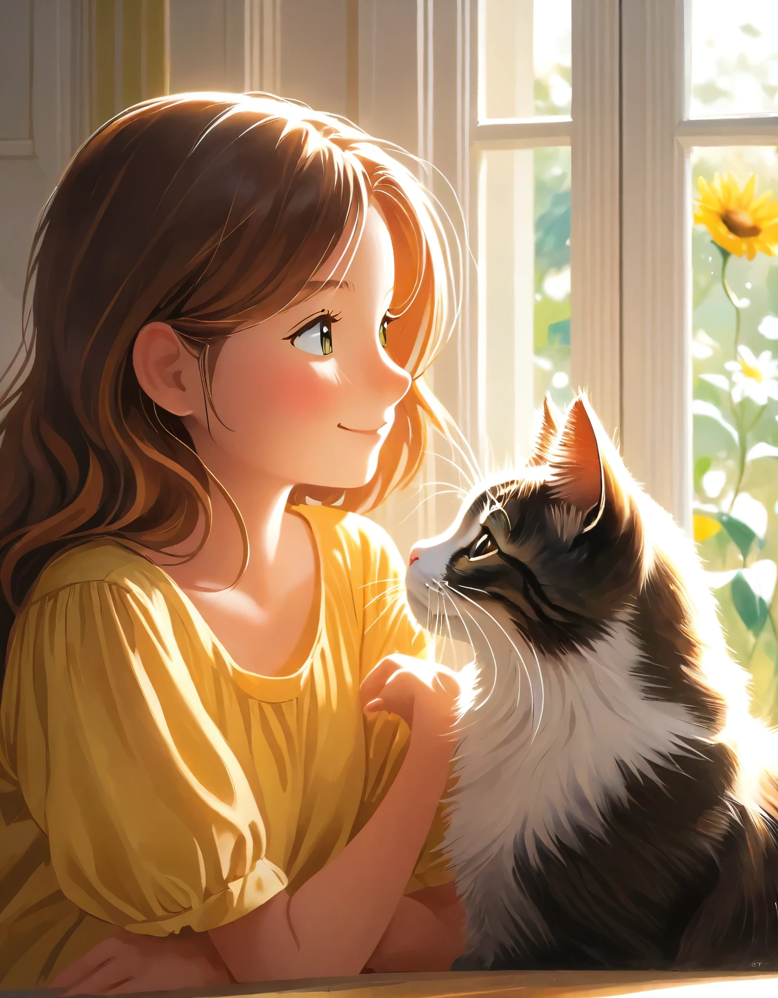  capturing the endearing bond between a girl and her cat, their companionship evident in the shared moments of affection and playfulness. The image conveys a sense of warmth and comfort, as the girl and the cat interact in a way that reflects their deep connection and mutual understanding. Through subtle gestures and expressions, the photograph portrays the joy and contentment found in the simple yet profound relationship between the girl and her feline companion, inviting viewers to appreciate the beauty of unconditional love and friendship