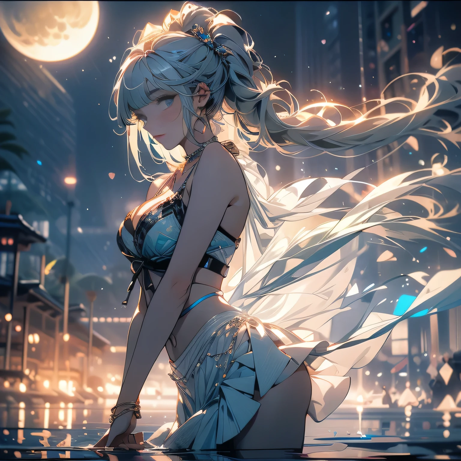 highest quality, masterpiece, High resolution,, One girl, Detailed face, (Upper Body:1.6), Cyber City, Mountains and Rivers, night, Firefly Light, Realistic, Lots of details, (White Hanfu:1.2), (Beautiful body:1.4),