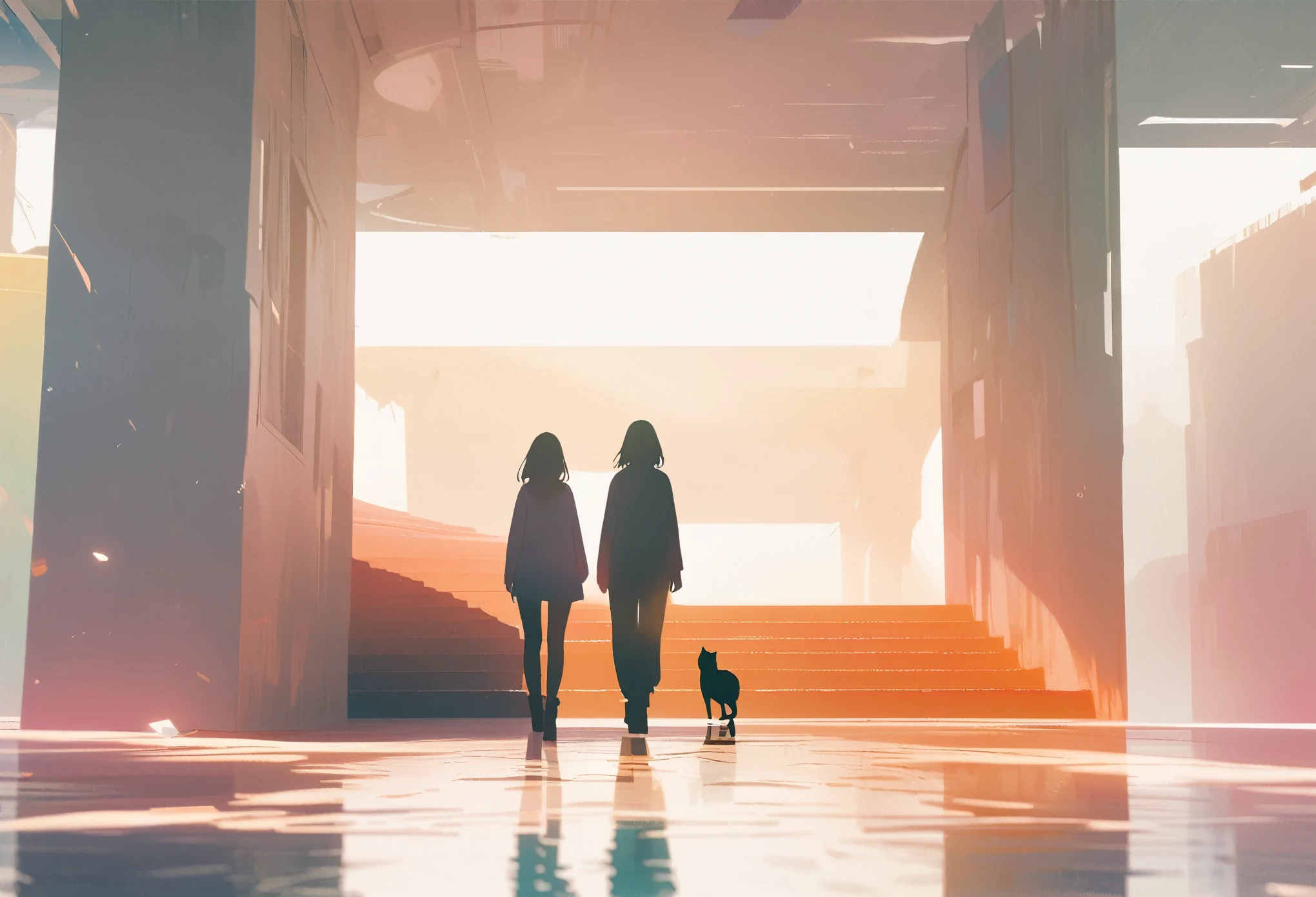 1 girl, 1 cat, minimalist journey, side view, staircase, natural lighting, cinematic composition, vibrant colors, muted tones, dramatic shadows, soft focus, digital art, concept art, fantasy,