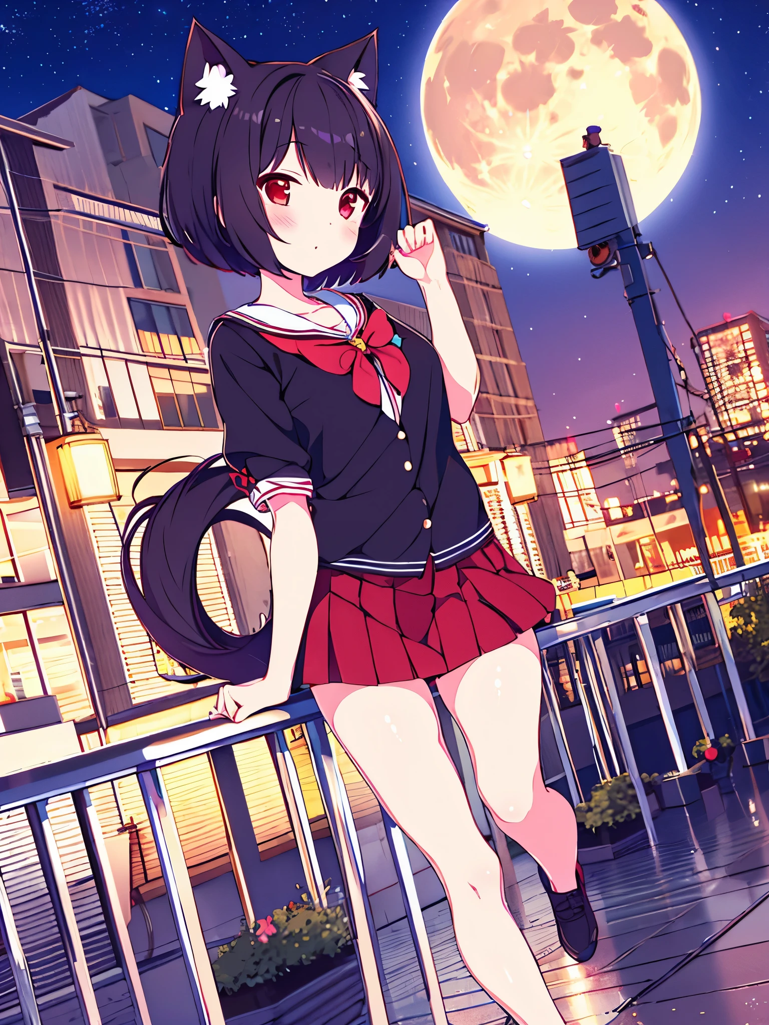 1 girl black  hair red eyes mahou Shoujo short skirt  on top of a building in starry sky with full moon cola de gato nekomimi gran caildad de detalle