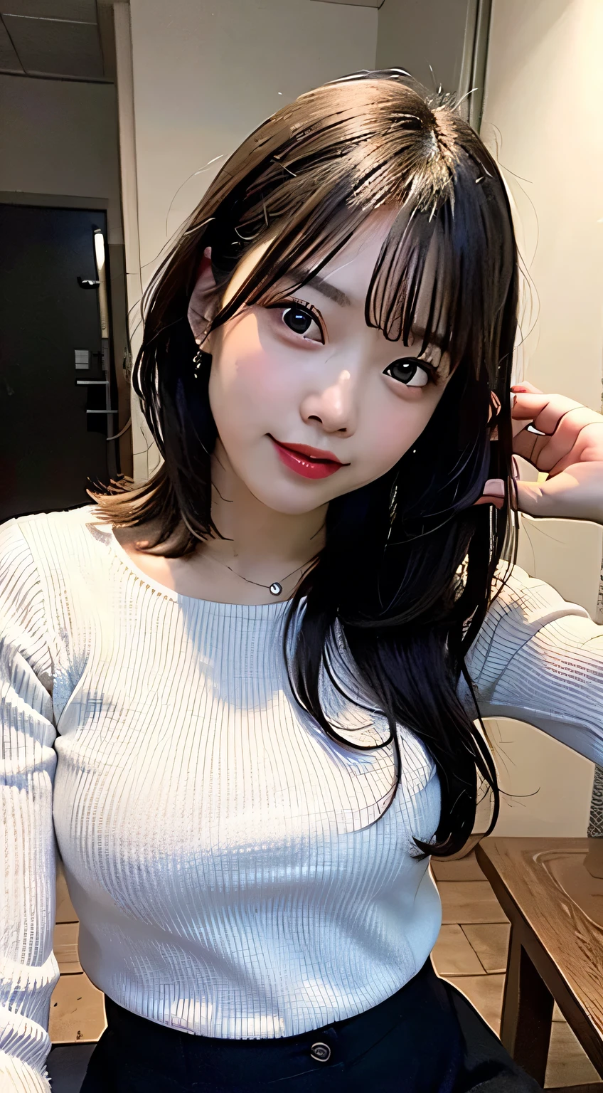 (8k, RAW Photos:1.2),Detailed face and eyes,最high quality, 超A high resolution, Very detailed ,Intricate details ,Tabletop ,pretty girl , Soft cinematic light, Hyper Detail,Sharp focus, high quality,Black-haired, Short hair with bangs,  outside, knit, mini skirt, panties, Peeking from below