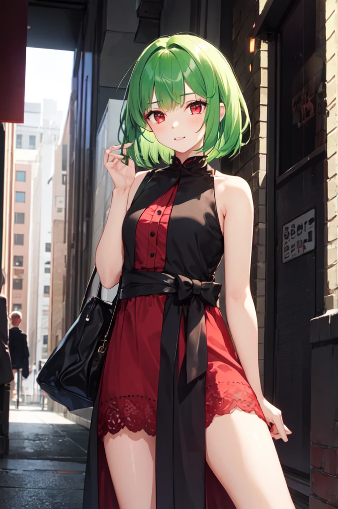 1girl, green hair, red eyes, dress, short hair, (solo:1.3),