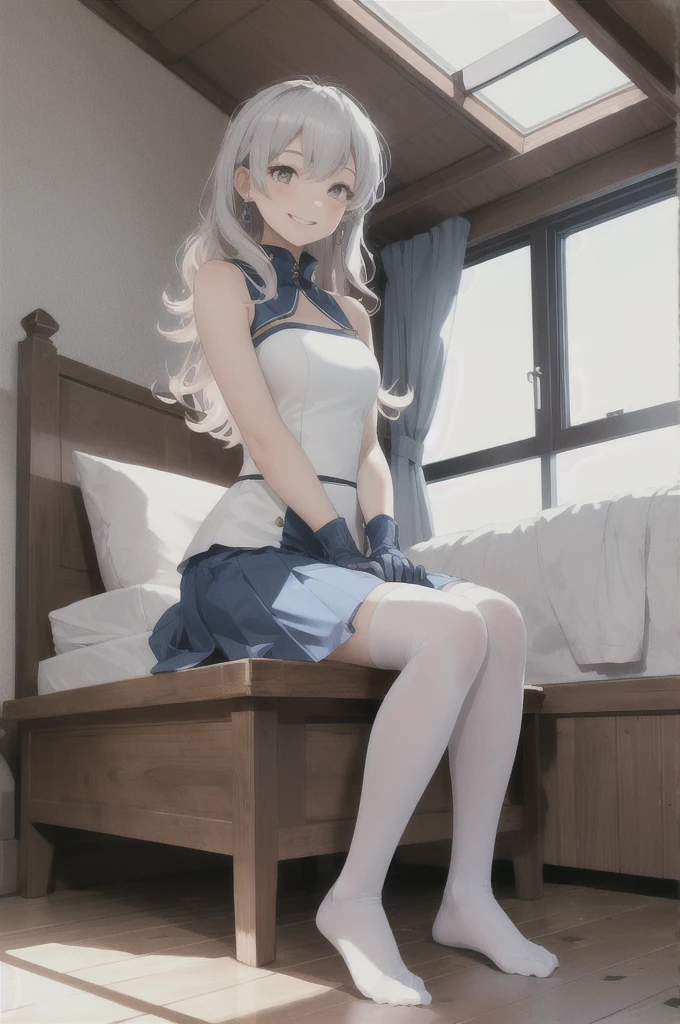 best quality, masterpiece, 1girl, solo, Ferry, long hair, FerryBase, thighhighs, bare shoulders, jewelry, sleeveless, white dress, blue skirt, gloves, bed room, bed, wooden floor, sitting, sitting on bed, from below, hands on legs, smile, soft lighting, full body,