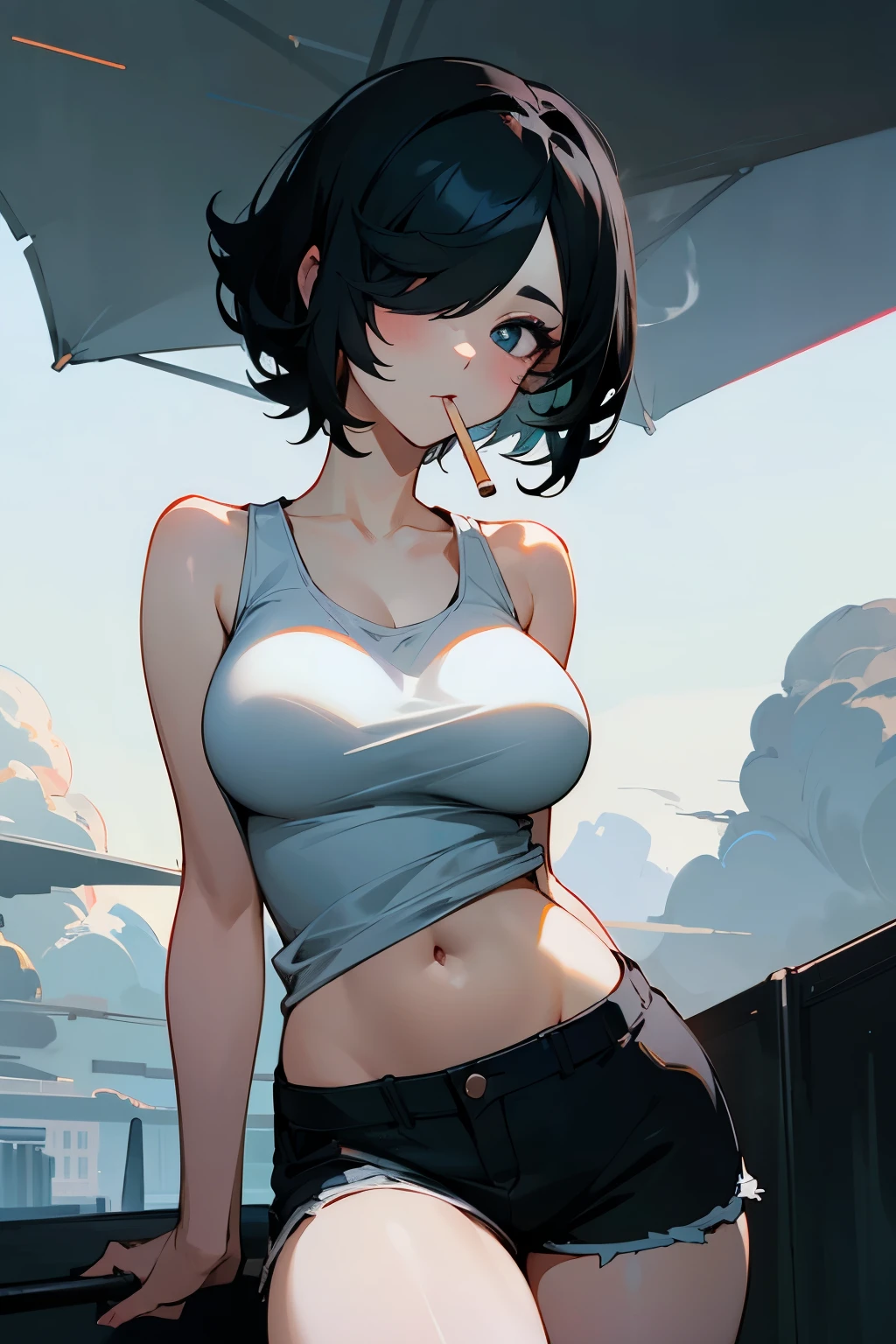 Girl, short black hair, hair covering one eye, cigarette in her mouth, white tank top, big breasts, black shorts, many black clouds in the background, the sky is full of black clouds, it's going to rain