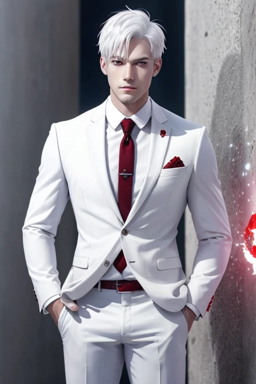 White hair, red eyes, white skin, short hair, good-looking, suit, male, 20s, young