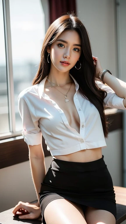 (8ก,high resolution,Masterpiece, best quality, alone, complicated details, Chromatic aberration), realistic, ((Medium bust)), hair in one eye,purple eyes, big round hoop earrings, sharp eyes, Diamond choker, red gemstone necklace,(symmetrical eyes),(Perfect symmetrical body), (Photo of a beautiful 19 year old age girl..), Beautiful and charming with contemporary fashion paintings as well.., looking at the audience, ((Behind the scenes of a large classroom)), (black short skirt), (((Wear a blue shirt over it.. ((( Open the shirt and show off the small breasts.,Soft milk), no bra))), (openly),)), ((black bikini)), (waist chain), ((Put your hands down.)), (Bob, Side flatness, golden hair, (There is a thin layer of hair covering the face..)), sharp eyeliner, Eye shadow blush with thick eyelashes, Very delicate and beautiful, round chin, Sharp focus, elegant, (Open your legs fully on the study table..), (Turn your head with your legs open..), (Open your legs and lift your right leg over your left leg.., blue panties), (let it go naturally), Set a seductive example.