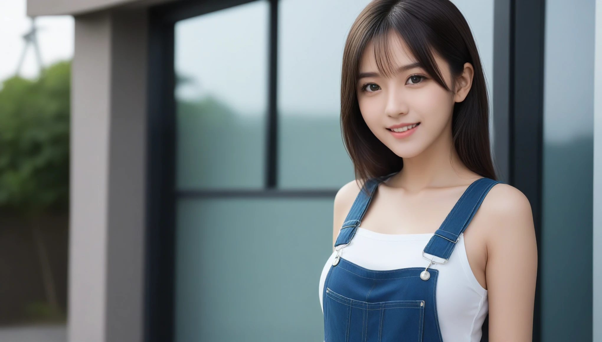 8k, Ultra-high resolution, highest quality, masterpiece, Surreal, photograph, 1 girl, (:1.3), pretty girl, Cute Face, Beautiful eyes in every detail, 細かくdetailedに,masterpiece,, One Girl:1.2, Japan Female Announcer, One beautiful woman,overalls,White T-shirt,mini skirt,Big city boulevard,Shortcuts,Black Hair,Bold Pose,Looking at the audience、beauty,Long neck、Laugh a little、Please close your mouth and laugh、(((Ideal body type))),A cup small breasts :2,、Portraiture:2、Perfect Anatomy、鮮明なdetailed、detailed、Surreal、Light and shadow,Strong light,Fashion magazine cover,Thin lips