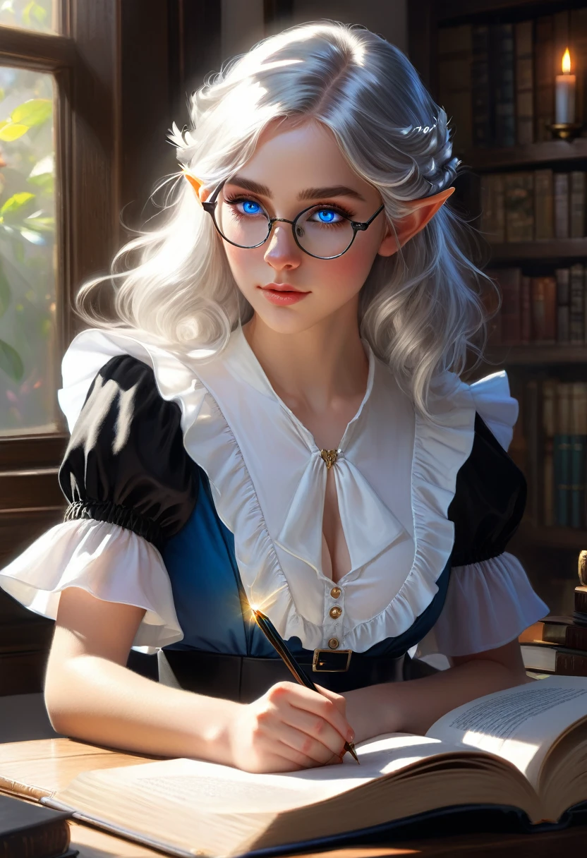 cute angelic face, teen, upper body of an elf writing a book, shoulder length silver hair, eyeglasses, wearing white ruffle blouse and black skirt, beautiful breast, huge breast, blue eyes, backlighting, realistic, masterpiece, highest quality, lens flare, shade, bloom, chromatic aberration, by Jeremy Lipking, by Antonio J. Manzanedo, digital painting