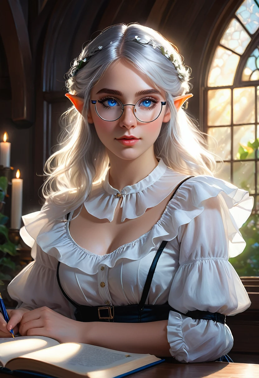 cute angelic face, , upper body of an elf writing a book, shoulder length silver hair, eyeglasses, wearing white ruffle blouse and black skirt, beautiful breast, huge breast, blue eyes, backlighting, realistic, masterpiece, highest quality, lens flare, shade, bloom, chromatic aberration, by Jeremy Lipking, by Antonio J. Manzanedo, digital painting