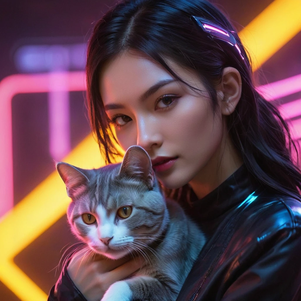  a futuristic cyberpunk twist on the relationship between a girl and her cat, blending elements of advanced technology and sleek aesthetics with the warmth of their bond. The girl and the cat are depicted in a cyberpunk setting, where neon lights and metallic accents create a dynamic backdrop for their interaction. This juxtaposition of high-tech visuals with the emotional connection between the girl and her feline companion adds a unique and captivating dimension to the image, offering a fresh perspective on the timeless bond shared between humans and animals.