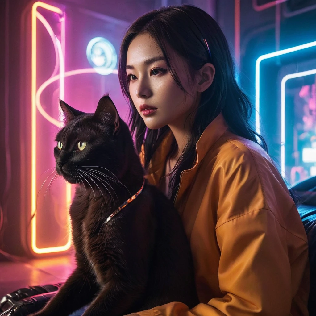  a futuristic cyberpunk twist on the relationship between a girl and her cat, blending elements of advanced technology and sleek aesthetics with the warmth of their bond. The girl and the cat are depicted in a cyberpunk setting, where neon lights and metallic accents create a dynamic backdrop for their interaction. This juxtaposition of high-tech visuals with the emotional connection between the girl and her feline companion adds a unique and captivating dimension to the image, offering a fresh perspective on the timeless bond shared between humans and animals.