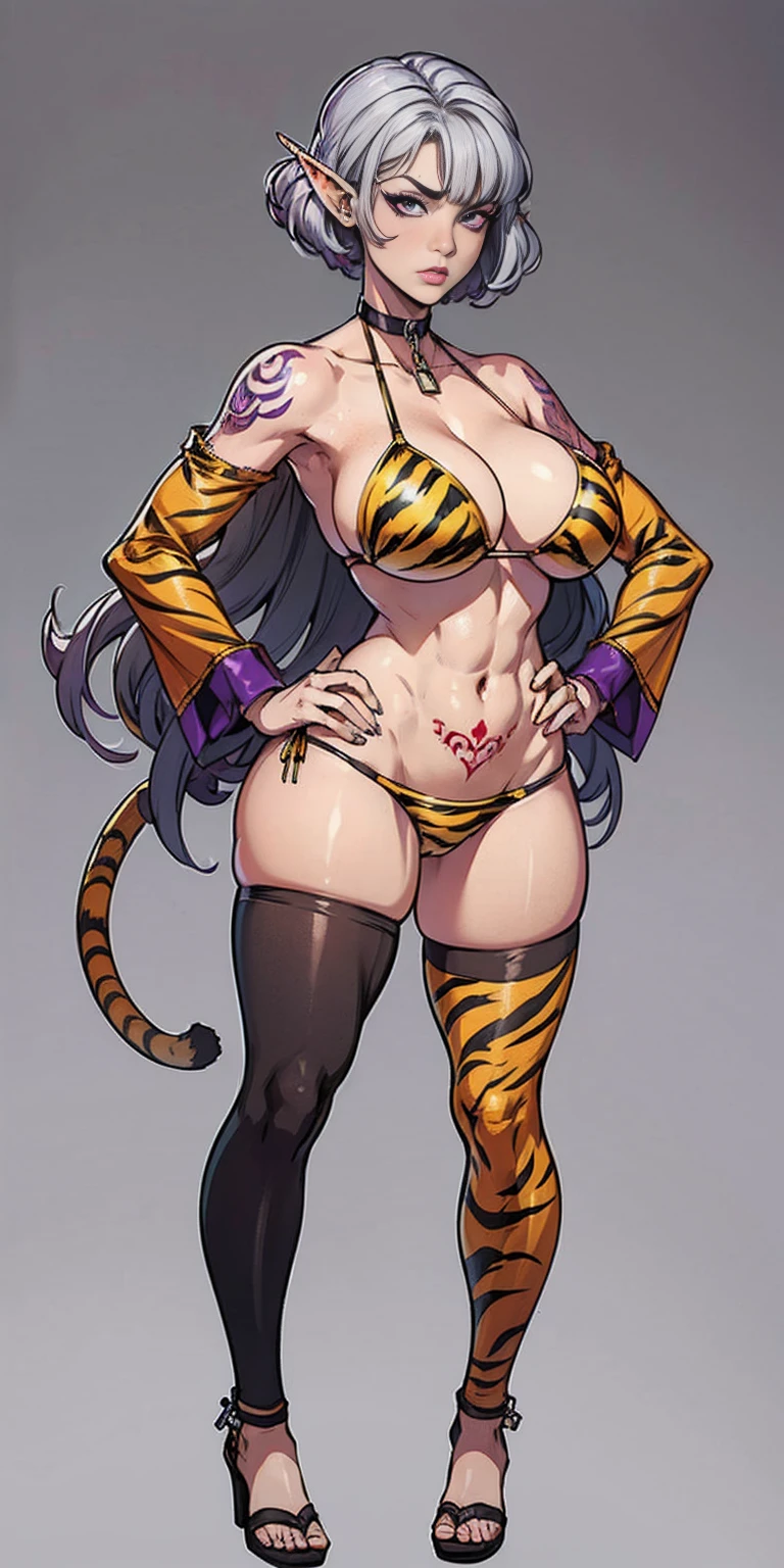 (Masterpiece, grey background:1.2) full body standing straight symmetrical looking to the viewer, view from below, far shot, cow boy shot, purple skin, elf 1girl, mature, purple eyes, pinched eyes, short silver white hair cut (yellow tiger bikini print long sleeves and long stockings) abs, navel, big knockers, tatter rags, leather choker,chain collar, stomach tattoo (red tattoo), hands on hips, wide hips, thick thighs, metal sandals,