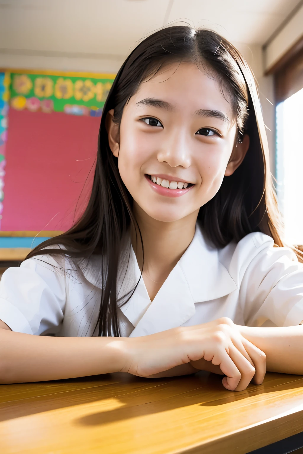 lens: 135mm f1.8, (highest quality),(RAW Photos), (Tabletop:1.1), (Beautiful 13 year old Japanese girl), Cute Face, (Deeply chiseled face:0.7), (freckles:0.4), Speckled sunlight, Dramatic lighting, (uniform), (In the classroom), shy, (Close-up shot:1.2), (smile)