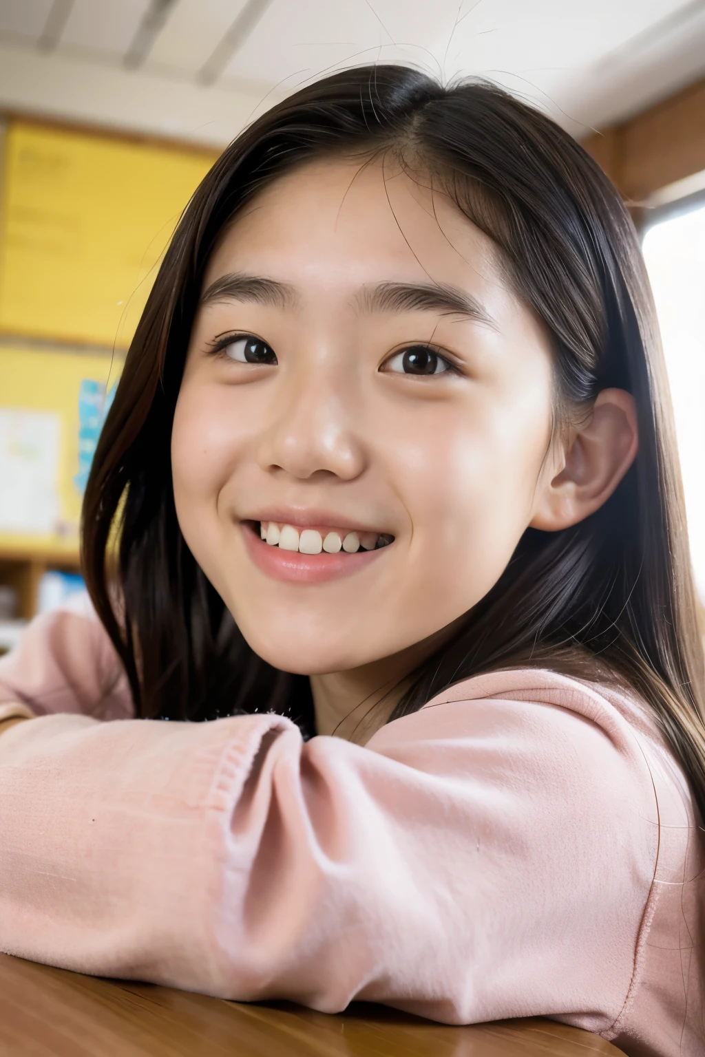 lens: 135mm f1.8, (highest quality),(RAW Photos), (Tabletop:1.1), (Beautiful 13 year old Japanese girl), Cute Face, (Deeply chiseled face:0.7), (freckles:0.4), Speckled sunlight, Dramatic lighting, (uniform), (In the classroom), shy, (Close-up shot:1.2), (smile)